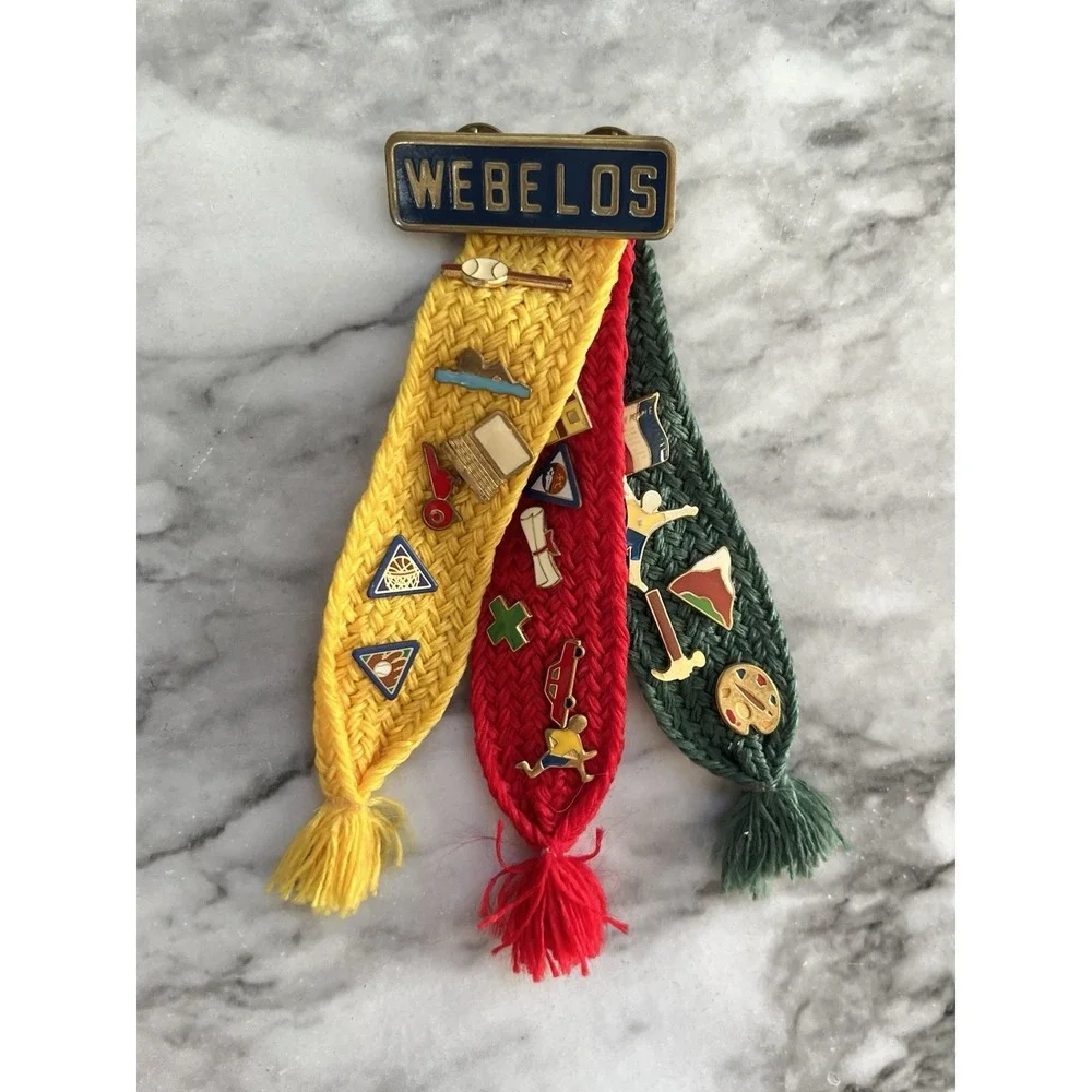 Vintage Cub Scout‎ Webelos With 19 Pins Assorted Lot Patches Belt Slides Pins